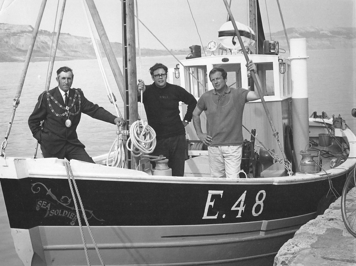 Roy and Ken Gollop on Sea Soldier with Lyme’s mayor Victor Homyer in July 1970