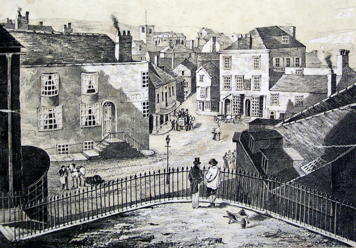 Cobb Gate from Bell Cliff in 1844 - Assembly rooms on the right, the old Three Cups hotels to the left