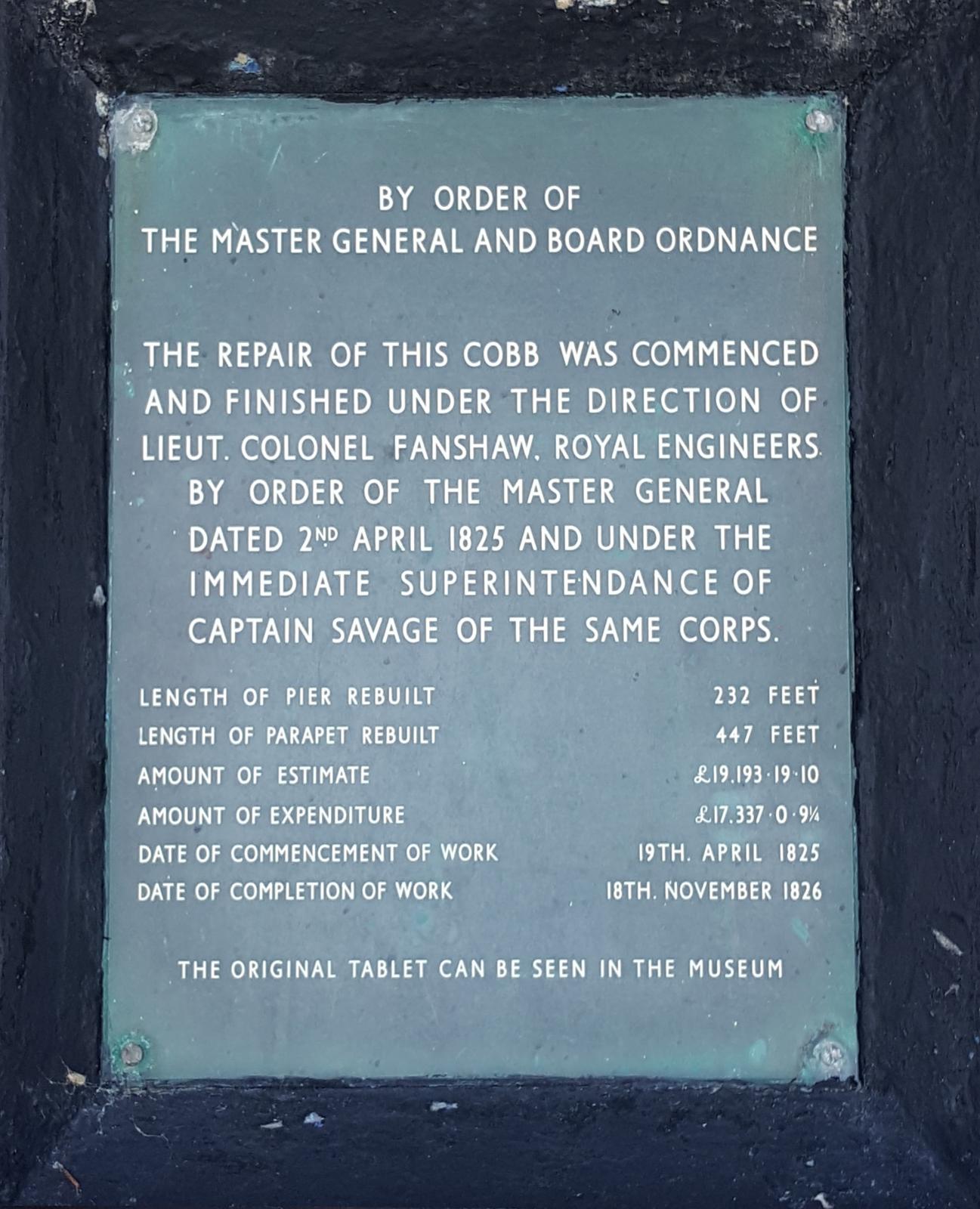 Plaque inside Gin Shop commemorating repairs to the Cobb