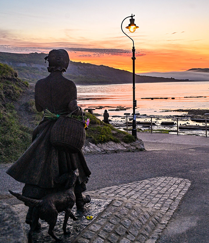 Mary Anning statue at sunrise