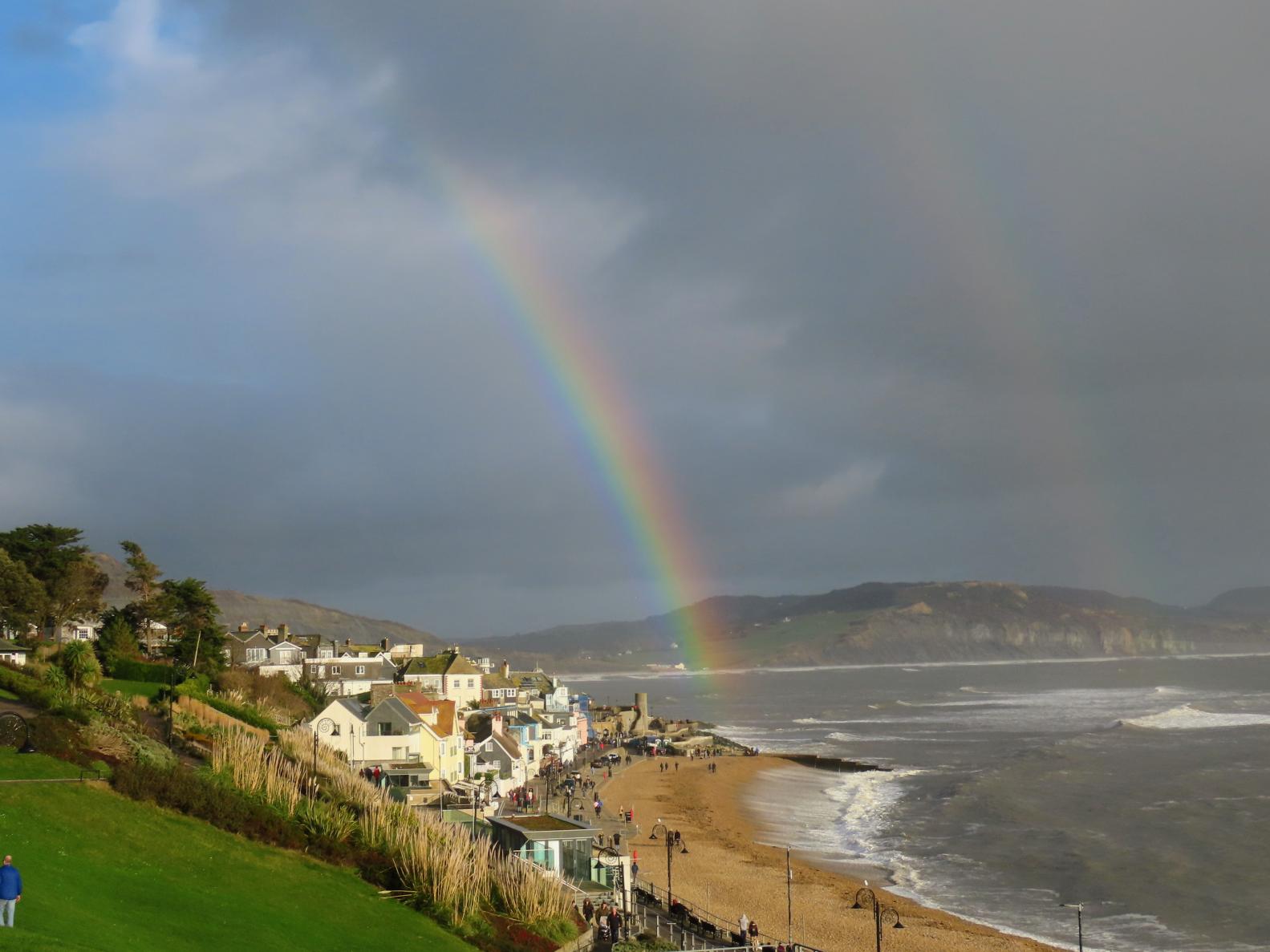 Double rainbow over the pebble beach, Lyme Regis