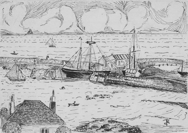 Tolkien's sketch of Lyme Regis harbour from the Drawing Room window of The Three Cups Hotel