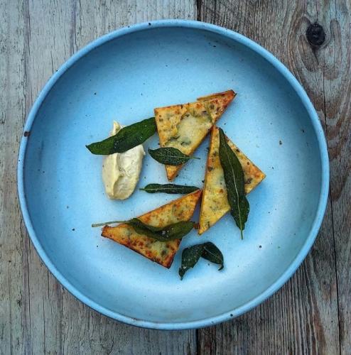 Rosemary panelle, anchovy mayonnaise and sage leaf crisps